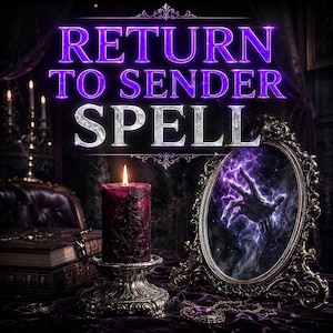 Puede incluir: Imagen con el texto "RETURN TO SENDER SPELL" en morado y plateado. Una vela burdeos encendida sobre un soporte plateado. Un espejo decorativo refleja una mano que sale de un campo de energía púrpura. Un tema gótico.