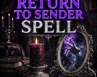 May include: An image with the text "RETURN TO SENDER SPELL" in purple and silver. A lit burgundy candle sits on a silver stand. A decorative mirror reflects a hand reaching out from a purple energy field. A gothic theme.