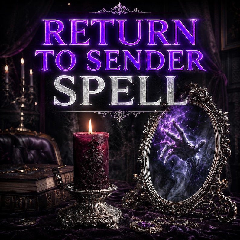 May include: An image with the text "RETURN TO SENDER SPELL" in purple and silver. A lit burgundy candle sits on a silver stand. A decorative mirror reflects a hand reaching out from a purple energy field. A gothic theme.