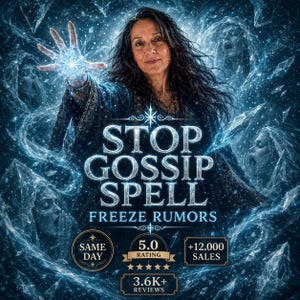 Op de afbeelding: Een vrouw met donker haar en een blauwe jurk, die een gloeiende blauwe bol vasthoudt. De afbeelding bevat de tekst "STOP GOSSIP SPELL FREEZE RUMORS" in een gestileerd lettertype. Extra tekst omvat "SAME DAY", "5.0 RATING", "+12.000 SALES" en "3.6K+ REVIEWS".