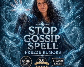 May include: A woman with long dark hair and a blue robe, holding a glowing blue orb. The image features the text "STOP GOSSIP SPELL FREEZE RUMORS" in a stylized font. Additional text includes "SAME DAY", "5.0 RATING", "+12,000 SALES", and "3.6K+ REVIEWS".