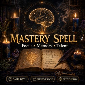 May include: An illuminated brain graphic above an open book with the words "MASTERY SPELL" and the text "Focus, Memory, Talent." The image includes candles, a quill, and a key, with the phrases "SAME DAY," "PHOTO PROOF," and "FAST ENERGY."