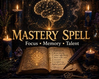 May include: An illuminated brain graphic above an open book with the words "MASTERY SPELL" and the text "Focus, Memory, Talent." The image includes candles, a quill, and a key, with the phrases "SAME DAY," "PHOTO PROOF," and "FAST ENERGY."