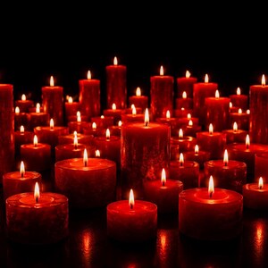 May include: A collection of red pillar and votive candles with lit flames against a black background. The candles vary in height and width, creating a warm, inviting ambiance. The scene is illuminated by the soft glow of the flames.