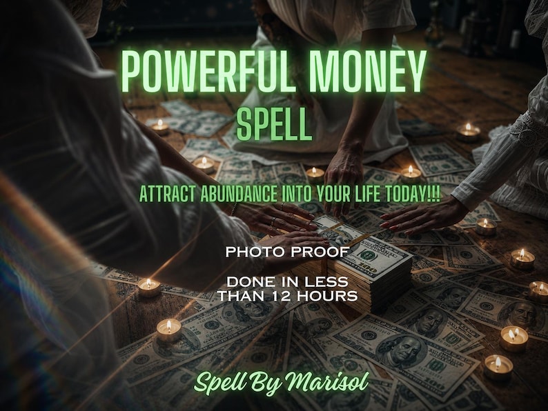 K&ouml;nnte beinhalten: Bild eines Geldzaubers mit dem Text "POWERFUL MONEY SPELL" in Gr&uuml;n. H&auml;nde sind &uuml;ber Stapeln von US-$100-Scheinen und verstreuten Scheinen platziert. Der Text "ATTRACT ABUNDANCE INTO YOUR LIFE TODAY!!!" ist ebenfalls sichtbar.