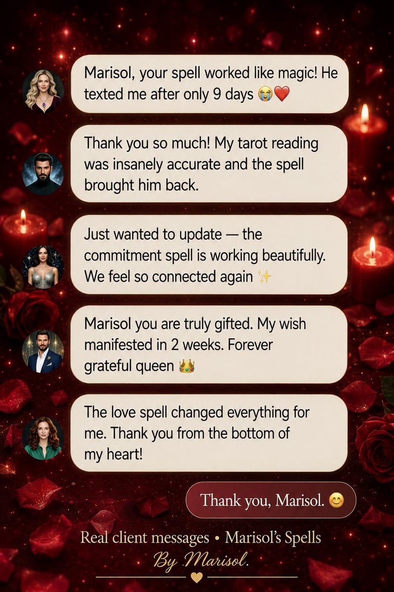K&ouml;nnte beinhalten: Bild mit Kundenbewertungen f&uuml;r Marisol's Spells. Die Testimonials sind in wei&szlig;en Sprechblasen auf einem dunkelroten Hintergrund mit Rosenbl&auml;ttern und Kerzen. Die Nachrichten dr&uuml;cken Dankbarkeit und Zufriedenheit aus.