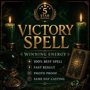 Peut inclure: Publicité pour un sort de victoire, avec du texte doré sur fond vert foncé. L'image comprend des bougies vertes allumées, une boule de cristal et un jeu de cartes. Le texte comprend "Winning Energy", "100% Best Spell", "Fast Result", "Photo Proof" et "Same Day Casting".