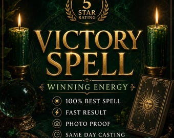 Könnte beinhalten: Werbung für einen Victory Spell mit goldenem Text auf dunklem grünen Hintergrund. Das Bild zeigt brennende grüne Kerzen, eine Kristallkugel und ein Kartenspiel. Der Text enthält "Winning Energy", "100% Best Spell", "Fast Result", "Photo Proof" und "Same Day Casting".