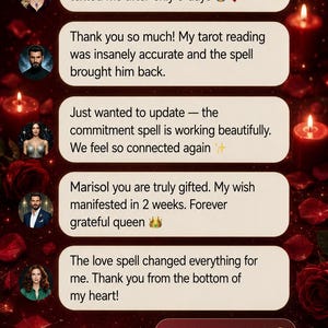 May include: Image featuring client testimonials for Marisol's Spells. The testimonials are in white text bubbles against a dark red background with rose petals and candles. The messages express gratitude and satisfaction with the spells.