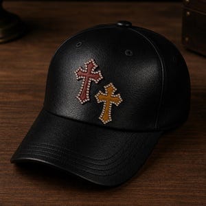 Pode incluir: Boné de beisebol preto com duas cruzes decorativas. As cruzes são marrons e douradas, adornadas com pequenos detalhes brilhantes. O boné é feito de um material texturizado.