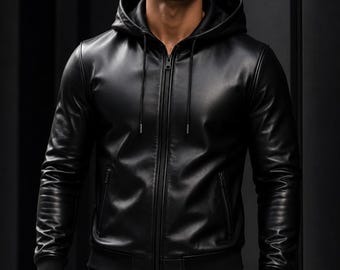 Men's Black Leather Hoodie, Genuine Leather Zip Up Hoodie, Minimalist Leather Jacket with Hood