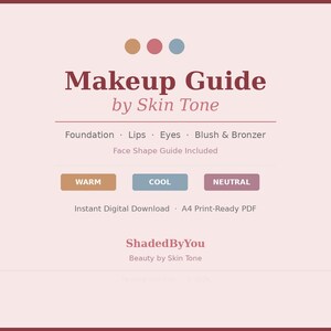 Könnte beinhalten: Ein digitales Make-up-Handbuch mit dem Titel "Makeup Guide by Skin Tone" mit Abschnitten zu Foundation, Lippen, Augen, Rouge und Bronzer. Enthält einen Gesichtsform-Leitfaden. Mit Farbmustern und dem Text "WARM", "COOL" und "NEUTRAL".