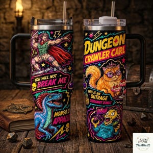 May include: Two stainless steel tumblers with handles and straws, featuring colorful graphic prints. One shows a warrior, the text "YOU WILL NOT BREAK ME," and a blue dinosaur. The other displays "DUNGEON CRAWLER CARL," a cat with a crown, and a creature.
