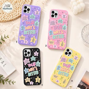 May include: Four smartphone cases in purple, pink, black, and yellow, each featuring the text 'YOUR WAY'S BETTER' in large letters, surrounded by colorful star-shaped graphics containing various phrases and small decorative doodles.