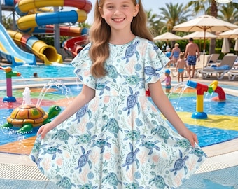 Schildkröte Mädchen Kleid, Ozean Thema Sommer Outfit, Marine Leben Sommerkleid, Kleinkind Strand Urlaubsbekleidung, Flattern Ärmel Twil Kleid
