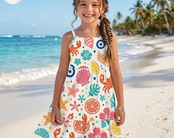Tropical Beach Kids Dress, Crab Starfish Seashell Print Summer Sundress, Sleeveless Tiered Vacation Outfit for Little Girls