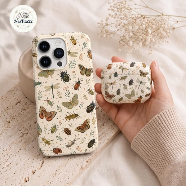 Funda resistente para teléfono con diseño de insectos vintage, funda para iPhone con mariposa y escarabajo, funda botánica estilo cottagecore con diseño de insectos, regalo para amantes de la naturaleza.