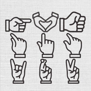May include: A collection of nine dark brown line art icons depicting various hand gestures, including a pointing finger, a heart shape formed by two hands, a fist, a snapping gesture, a raised index finger, a tapping finger, a rock sign, crossed fingers, and a peace sign.