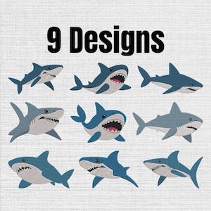Op de afbeelding: Een digitale collectie van 9 Designs met diverse illustraties van blauwe en witte haaien. Elke haai is afgebeeld in een andere zwemhouding, met verschillende vinposities, geopende bekken met zichtbare tanden en donkere ogen.