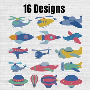 May include: A digital collection of 16 Designs featuring various aircraft and flying objects, including helicopters, airplanes, rockets, a hot air balloon, a blimp, and flying saucers in blue, yellow, red, and green colors on a textured background.