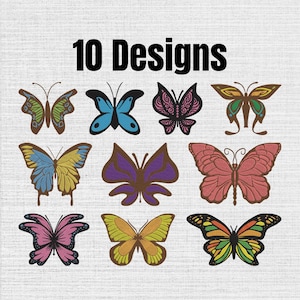 May include: A digital collection of 10 Designs featuring various butterfly illustrations. The butterflies are displayed in a grid, showcasing diverse color combinations including blue, pink, purple, yellow, green, and orange with intricate wing patterns.