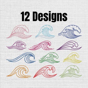 Può includere: Una collezione di 12 Designs con illustrazioni di onde stilizzate in vari colori, tra cui rosa, blu, viola, verde, giallo, arancione e rosso. Ogni onda è raffigurata con semplici disegni a linee su uno sfondo grigio testurizzato.