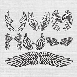 May include: A collection of seven distinct pairs of black line art angel wings arranged in a grid. Each set features unique feather patterns, ranging from long, slender, and curved designs to shorter, rounded, and more compact wing shapes.