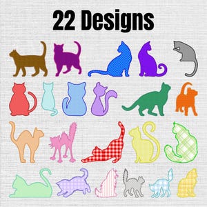 May include: A collection of 22 cat silhouettes in various colours and patterns, including solid brown, purple, blue, red, orange, pink, and green, alongside plaid, checkered, and textured designs arranged in rows on a light grey background.