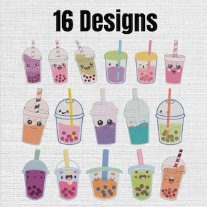 May include: A collection of 16 designs featuring cartoon bubble tea cups with various colored drinks, tapioca pearls, and straws. Each cup displays a unique facial expression with eyes and a mouth, presented in a grid layout with the text 16 Designs.