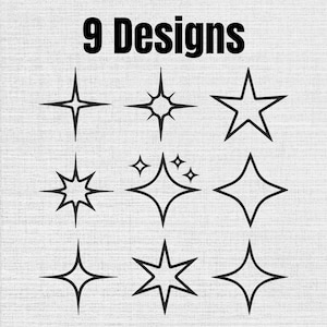 Puede incluir: Una colección de 9 Designs con iconos de estrellas y destellos de contorno negro dispuestos en una cuadrícula. El conjunto incluye varias formas como estrellas de cuatro puntas, ráfagas y destellos de diamante sobre un fondo texturizado.