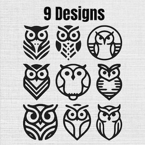Può includere: Una collezione di 9 Designs con illustrazioni grafiche nere di gufi disposte in una griglia tre per tre. Ogni icona di gufo mostra un motivo stilizzato unico con linee audaci e forme geometriche su uno sfondo chiaro e strutturato.