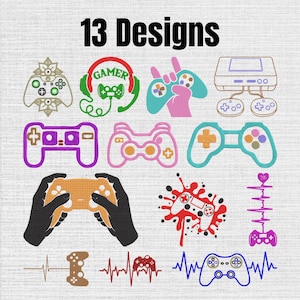 May include: A collection of 13 designs featuring video game controllers, headsets, and consoles. The graphics include various styles such as controllers held by hands, heartbeat lines, paint splatters, and floral patterns in red, blue, green, and purple.