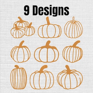 May include: A digital graphic featuring the text 9 Designs at the top, followed by nine distinct orange pumpkin illustrations arranged in a grid. Each pumpkin is rendered as a simple line drawing with varying shapes, sizes, and stem orientations.