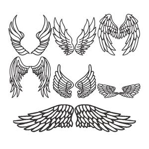 May include: Eight black and white line drawings of wings in various styles. Some wings have detailed feather patterns, while others are more stylised. The collection includes wings of different sizes and shapes.