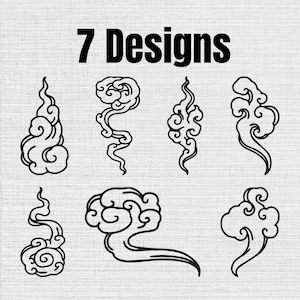 Könnte beinhalten: Eine Sammlung von 7 Designs mit schwarzen Strichzeichnungen von stilisierten Wolken und Rauchschwaden. Das Grafikset enthält verschiedene wirbelnde, dampfartige Formen, die in zwei Reihen auf einem hellen, strukturierten cremefarbenen Hintergrund angeordnet sind.