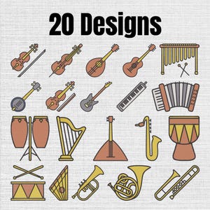 May include: A collection of 20 Designs featuring various musical instruments including a violin, guitar, banjo, accordion, harp, saxophone, drums, trumpet, and French horn. Each icon is rendered in a flat, outlined style with muted colors.