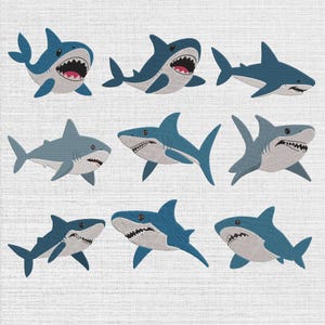 Puede incluir: Una colección de nueve parches bordados de tiburones en varias poses. Cada tiburón presenta un cuerpo azul, una parte inferior gris claro y una boca visible con dientes afilados. Los diseños están dispuestos en una cuadrícula sobre fondo blanco.