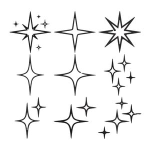 May include: A collection of nine black starburst designs in various sizes and styles. Some stars have sharp points, while others have rounded edges. The stars are arranged in a grid-like pattern on a white background.