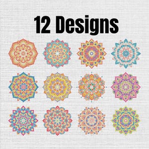 May include: A collection of 12 designs featuring colorful, symmetrical mandala patterns arranged in a grid. Each circular graphic displays intricate, repeating floral-like shapes in vibrant shades of pink, yellow, blue, orange, and green.