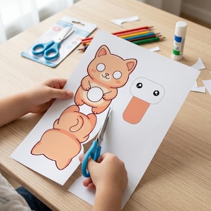 May include: A white sheet of paper featuring printed illustrations of a light orange cartoon cat and a separate orange shape with a dotted outline, being cut with blue-handled metal scissors. The paper includes a cat with a white belly circle.