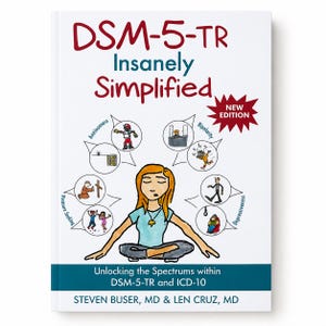 May include: A white book cover titled DSM-5-TR Insanely Simplified, New Edition. It features a central illustration of a person sitting cross-legged, surrounded by circular sketches depicting various states like Anxiousness and Bipolarity.