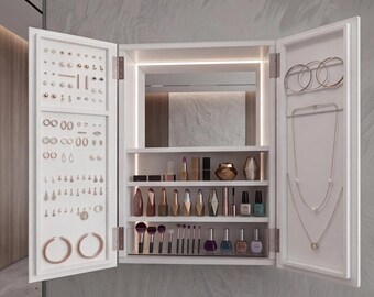 White Mounted Jewellery Organizer, Wall Hung Jewelry Armoire