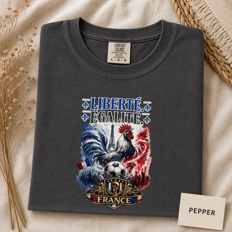 Puede incluir: Una camiseta gris carb&oacute;n con un estampado gr&aacute;fico que incluye el texto LIBERT&Eacute; &Eacute;GALIT&Eacute;, un gallo, la Torre Eiffel, un bal&oacute;n de f&uacute;tbol y un escudo con la palabra FRANCE. La camiseta tiene una etiqueta de la marca Comfort Colors en el cuello.