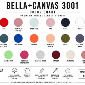 Puede incluir: Una carta de colores Bella+Canvas 3001 para camisetas de jersey unisex. El gr&aacute;fico muestra veinticuatro muestras de color circulares con etiquetas que incluyen negro, rojo, azul marino, blanco y varios tonos jaspeados. Indica un peso de 142 g/m.