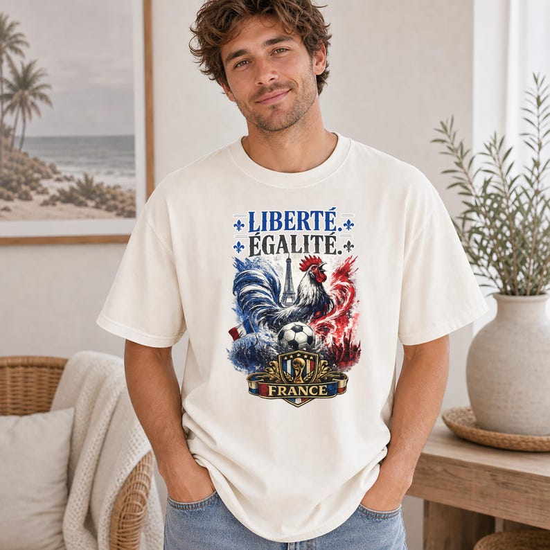 Puede incluir: Una camiseta de manga corta color blanco roto con un estampado gr&aacute;fico que incluye el texto LIBERT&Eacute; &Eacute;GALIT&Eacute;, un gallo, la Torre Eiffel, un bal&oacute;n de f&uacute;tbol y un escudo con la palabra FRANCE, en salpicaduras de estilo acuarela azul, blanco y rojo.