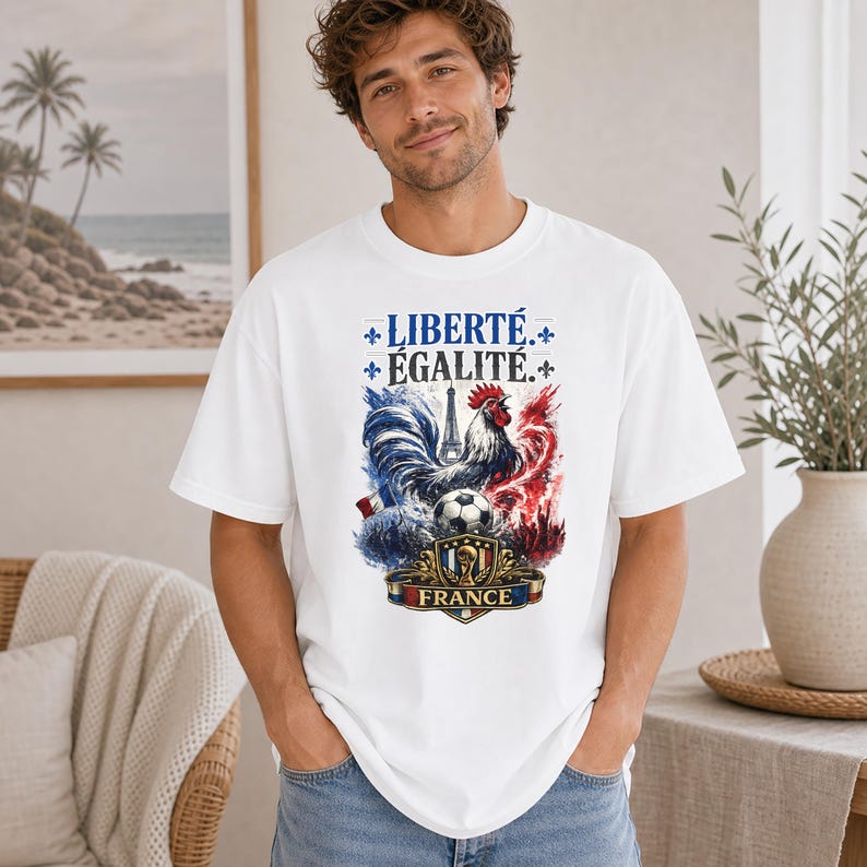 Puede incluir: Una camiseta blanca de manga corta con un estampado gr&aacute;fico de un gallo, un bal&oacute;n de f&uacute;tbol y la Torre Eiffel. El texto dice LIBERT&Eacute;, &Eacute;GALIT&Eacute; y FRANCE. El dise&ntilde;o incorpora colores azul, blanco y rojo con detalles de flor de lis.