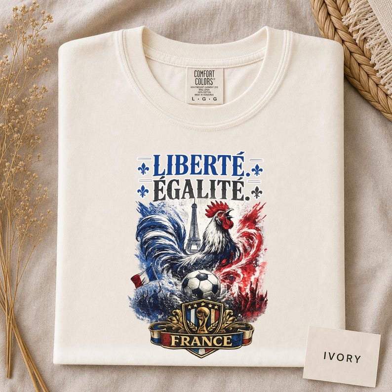 Puede incluir: Una camiseta de color marfil con un estampado gr&aacute;fico que incluye el texto LIBERT&Eacute; &Eacute;GALIT&Eacute; y FRANCE. El dise&ntilde;o muestra un gallo, la Torre Eiffel, un bal&oacute;n de f&uacute;tbol y un escudo dorado con un trofeo, todo en un estilo de acuarela azul, blanco y rojo.