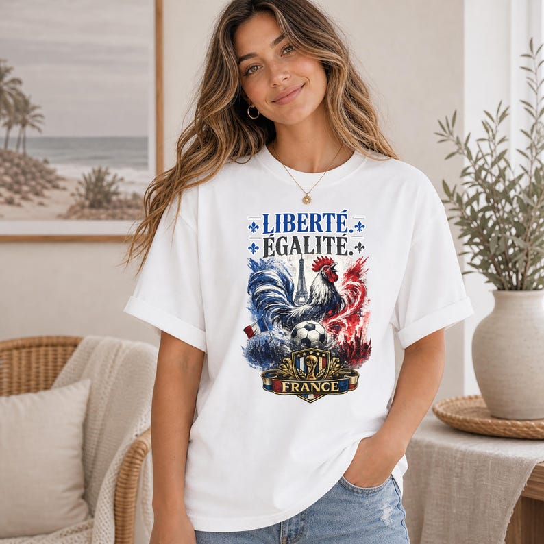 Puede incluir: Una camiseta blanca de manga corta con un estampado gr&aacute;fico que incluye el texto LIBERT&Eacute; &Eacute;GALIT&Eacute; y FRANCE. El dise&ntilde;o presenta un gallo, un bal&oacute;n de f&uacute;tbol, la Torre Eiffel y salpicaduras de acuarela en rojo, blanco y azul con flores de lis.