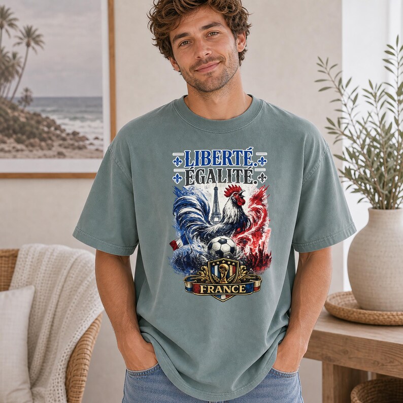 Puede incluir: Una camiseta de manga corta color verde salvia con un estampado gr&aacute;fico de un gallo, la Torre Eiffel, un bal&oacute;n de f&uacute;tbol y el texto LIBERT&Eacute; &Eacute;GALIT&Eacute; y FRANCE. El dise&ntilde;o incorpora colores azul, blanco y rojo con detalles de flor de lis.