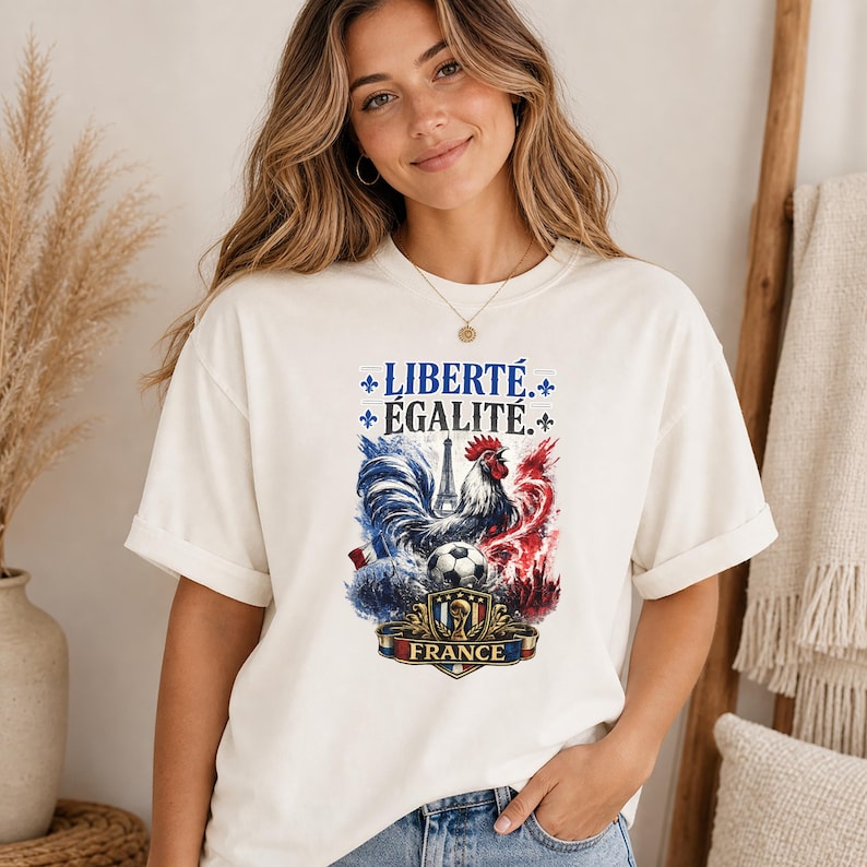 Puede incluir: Una camiseta de manga corta color blanco roto con un estampado gr&aacute;fico de un gallo, un bal&oacute;n de f&uacute;tbol y la Torre Eiffel. El texto dice LIBERT&Eacute; &Eacute;GALIT&Eacute; y FRANCE. El dise&ntilde;o incorpora colores azul, blanco y rojo con s&iacute;mbolos de flor de lis.
